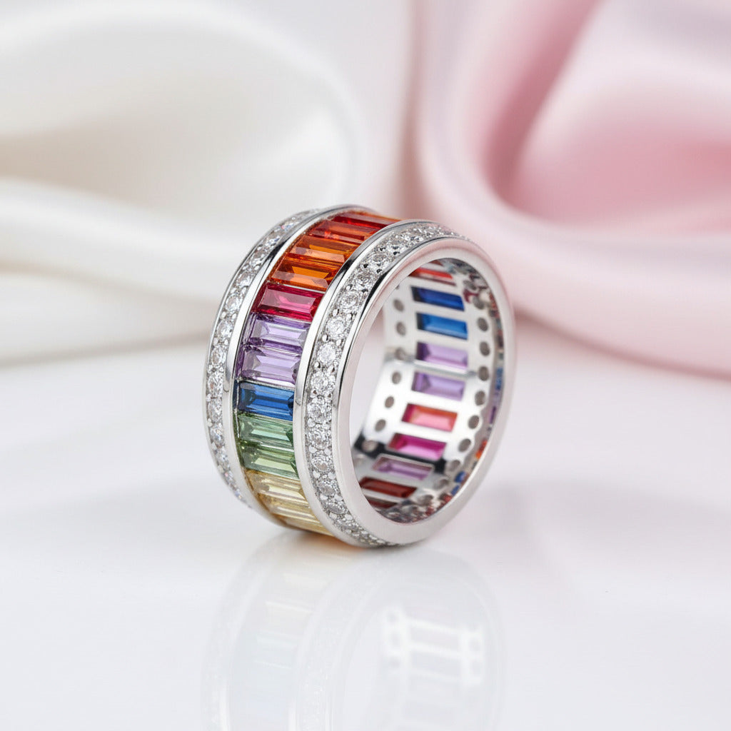 11mm Rainbow Crystal Pave Setting Promise Ring-Black Diamonds New York