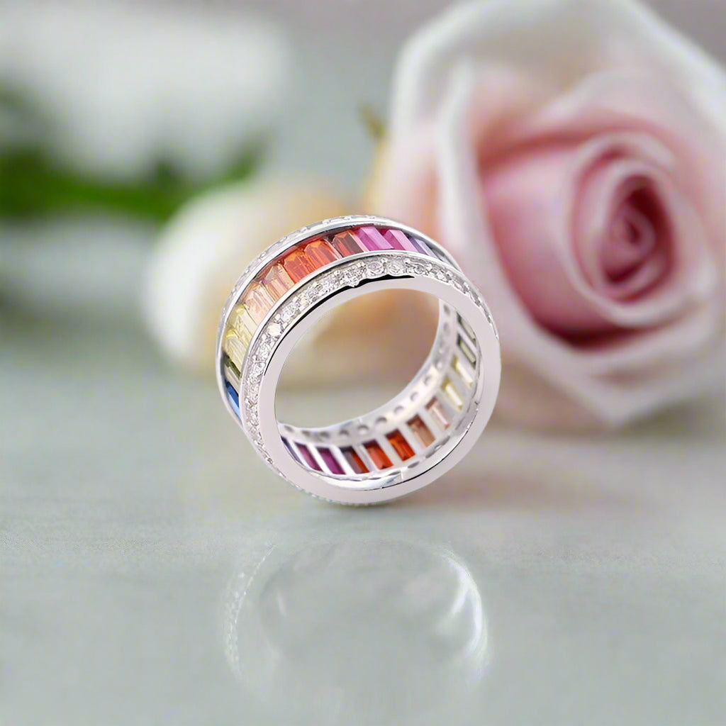 11mm Rainbow Crystal Pave Setting Promise Ring-Black Diamonds New York