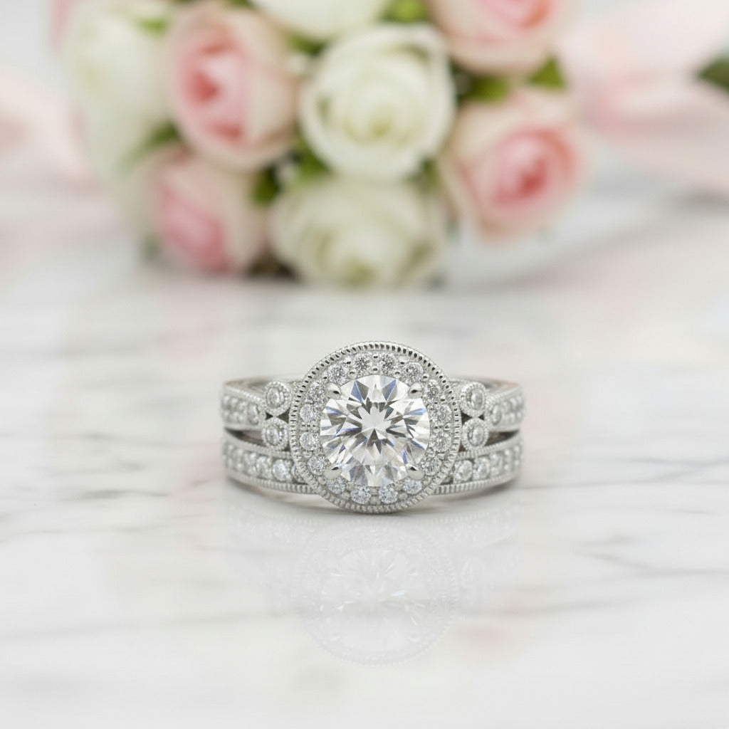 1.2 Ct Round Cut Diamond Option Halo Ring Set-Black Diamonds New York