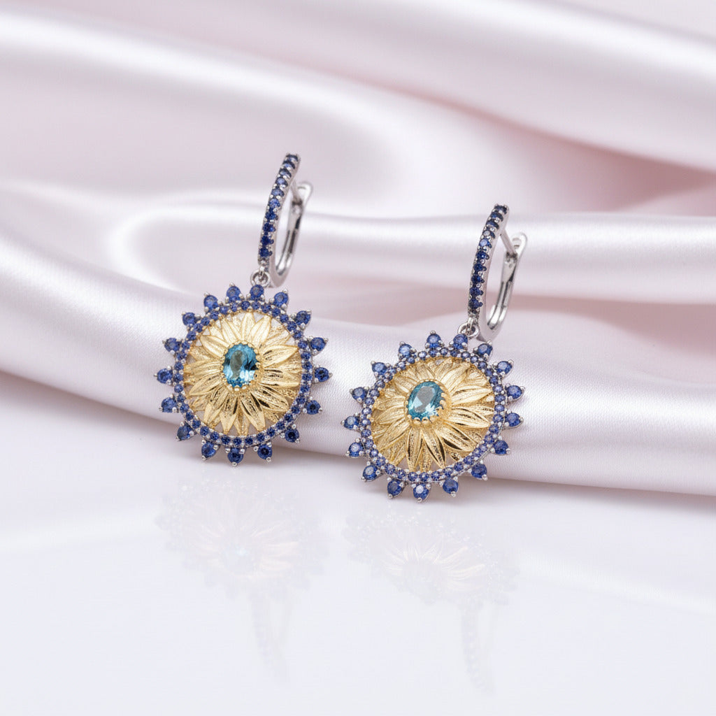 1.20 Ct Swiss Blue Topaz Sunflower Drop Earrings-Black Diamonds New York