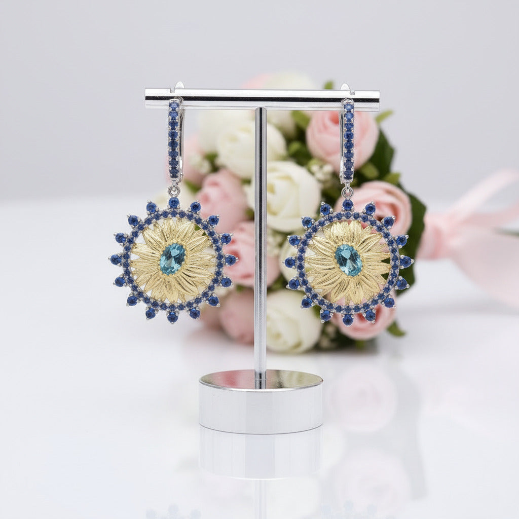 1.20 Ct Swiss Blue Topaz Sunflower Drop Earrings-Black Diamonds New York