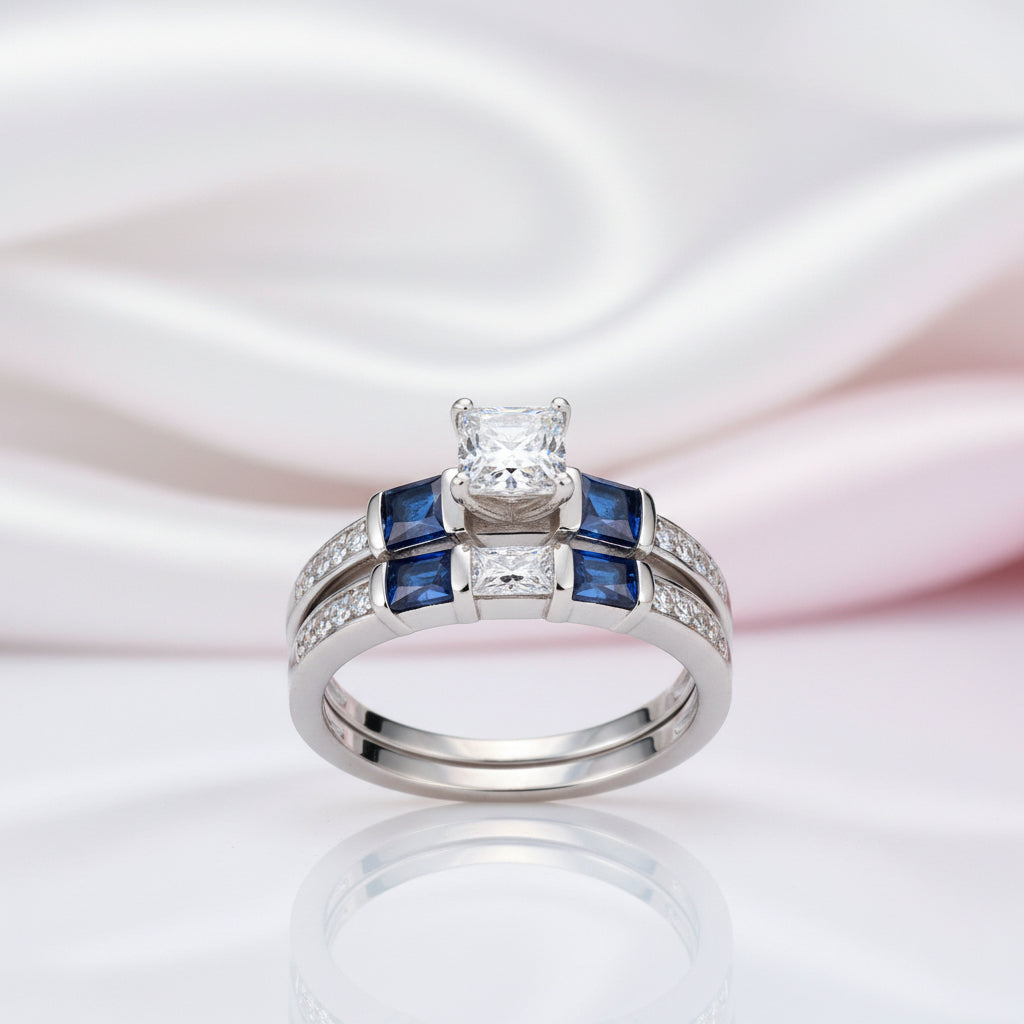 1.24 Ct Princess Cut Clear & Blue Diamond Option Ring-Black Diamonds New York