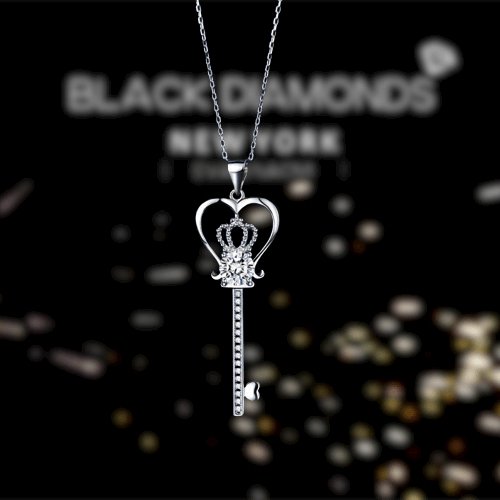 1.25 Created Diamond Love Heart Crown Key Necklace - Black Diamonds New York