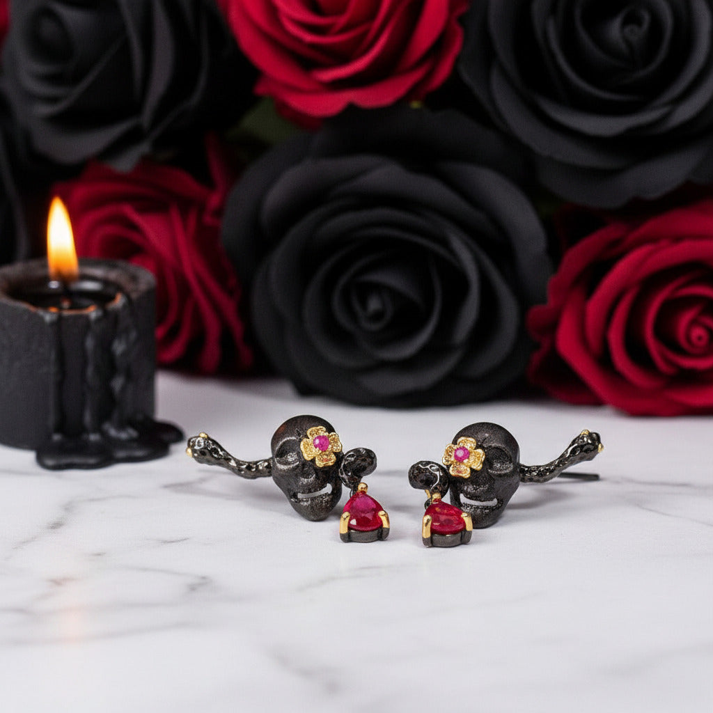 1.26Ct Ruby Gemstone Skull Earrings-Black Diamonds New York