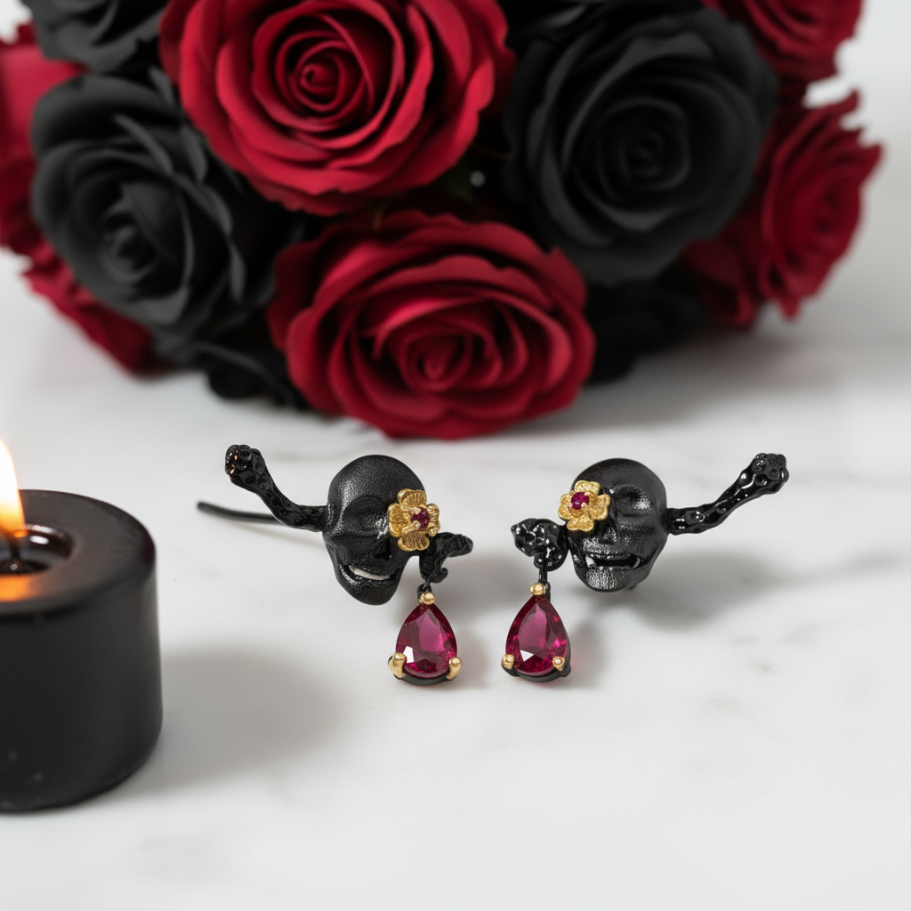 1.26Ct Natural Ruby Gemstone Skull Earrings-Black Diamonds New York