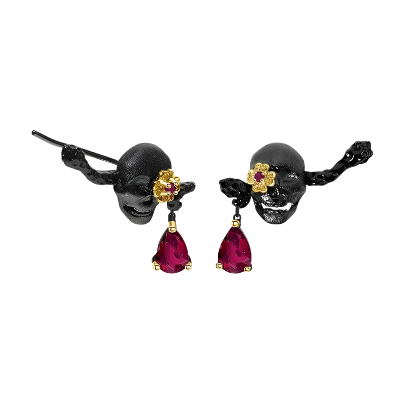 1.26Ct Natural Ruby Gemstone Skull Earrings-Black Diamonds New York