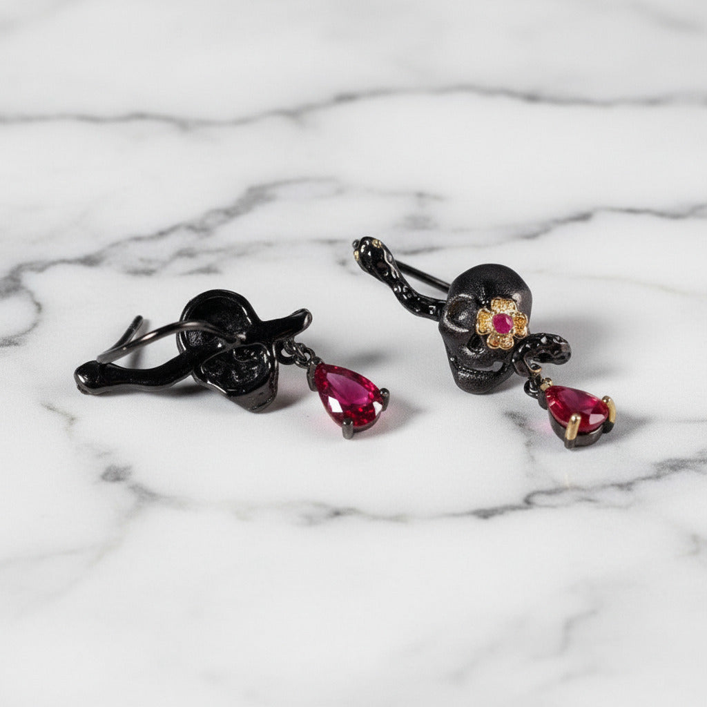 1.26Ct Ruby Gemstone Skull Earrings-Black Diamonds New York