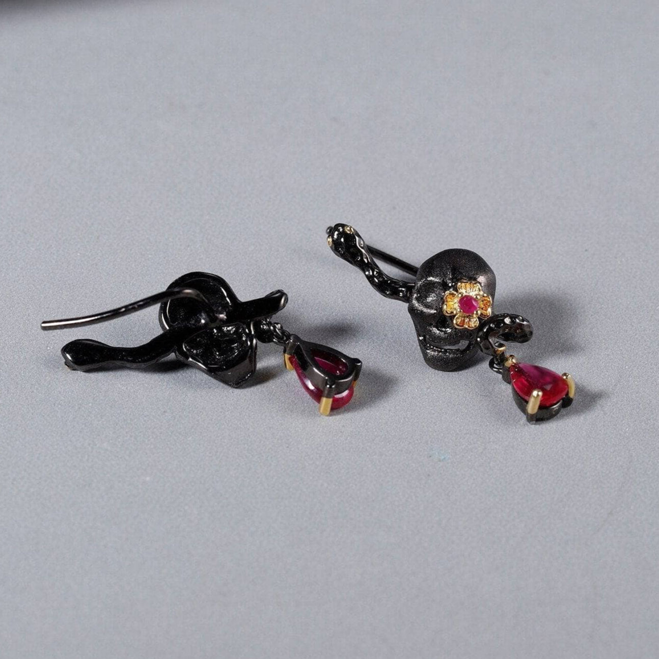 1.26Ct Natural Ruby Gemstone Skull Earrings-Black Diamonds New York