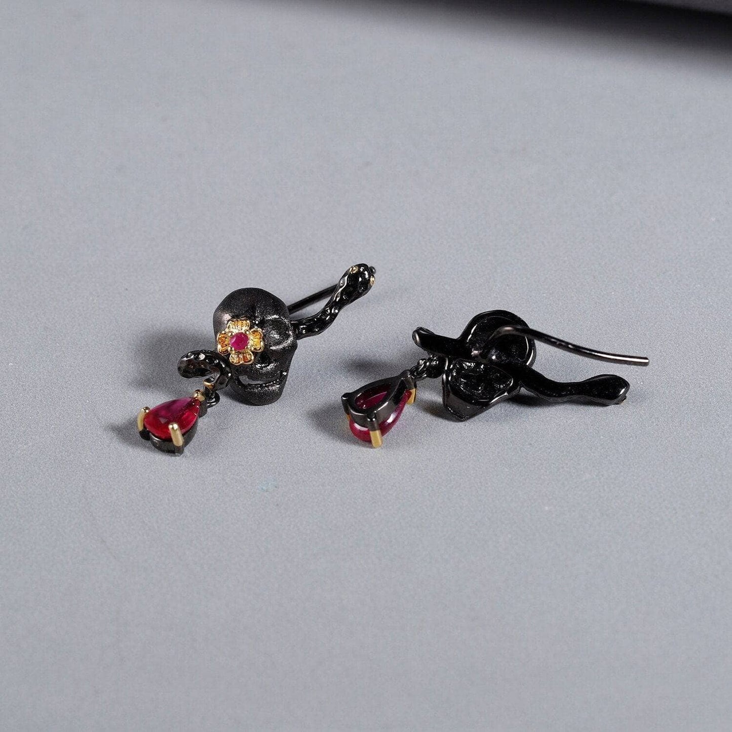 1.26Ct Natural Ruby Gemstone Skull Earrings-Black Diamonds New York