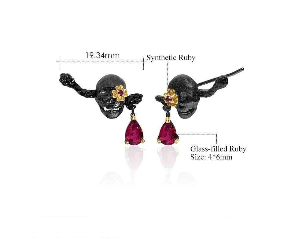 1.26Ct Natural Ruby Gemstone Skull Earrings-Black Diamonds New York