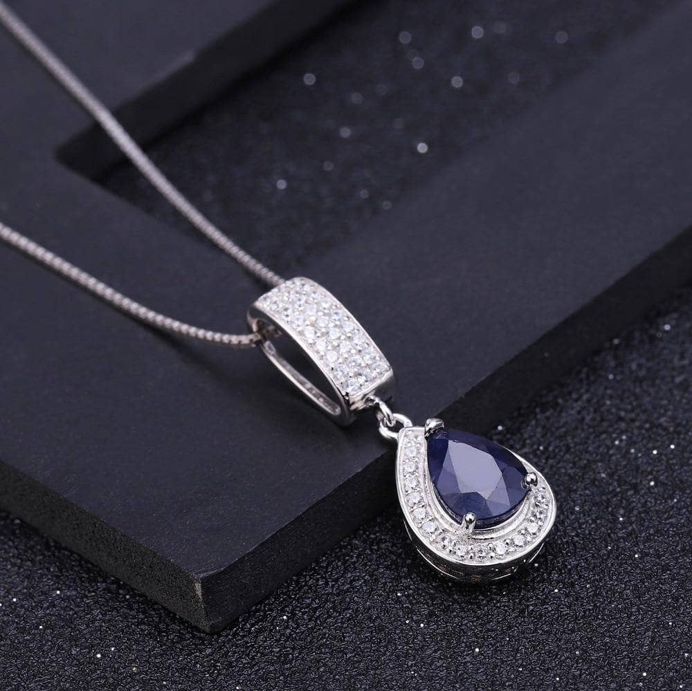 1.29Ct Natural Water Drop Blue Sapphire Elegant Pendant Necklace-Black Diamonds New York