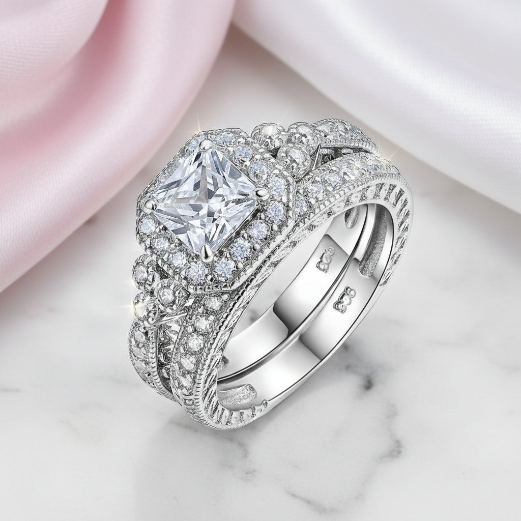 1.2ct Princess Cut Diamond Option Halo Vintage Option Ring Set-Black Diamonds New York