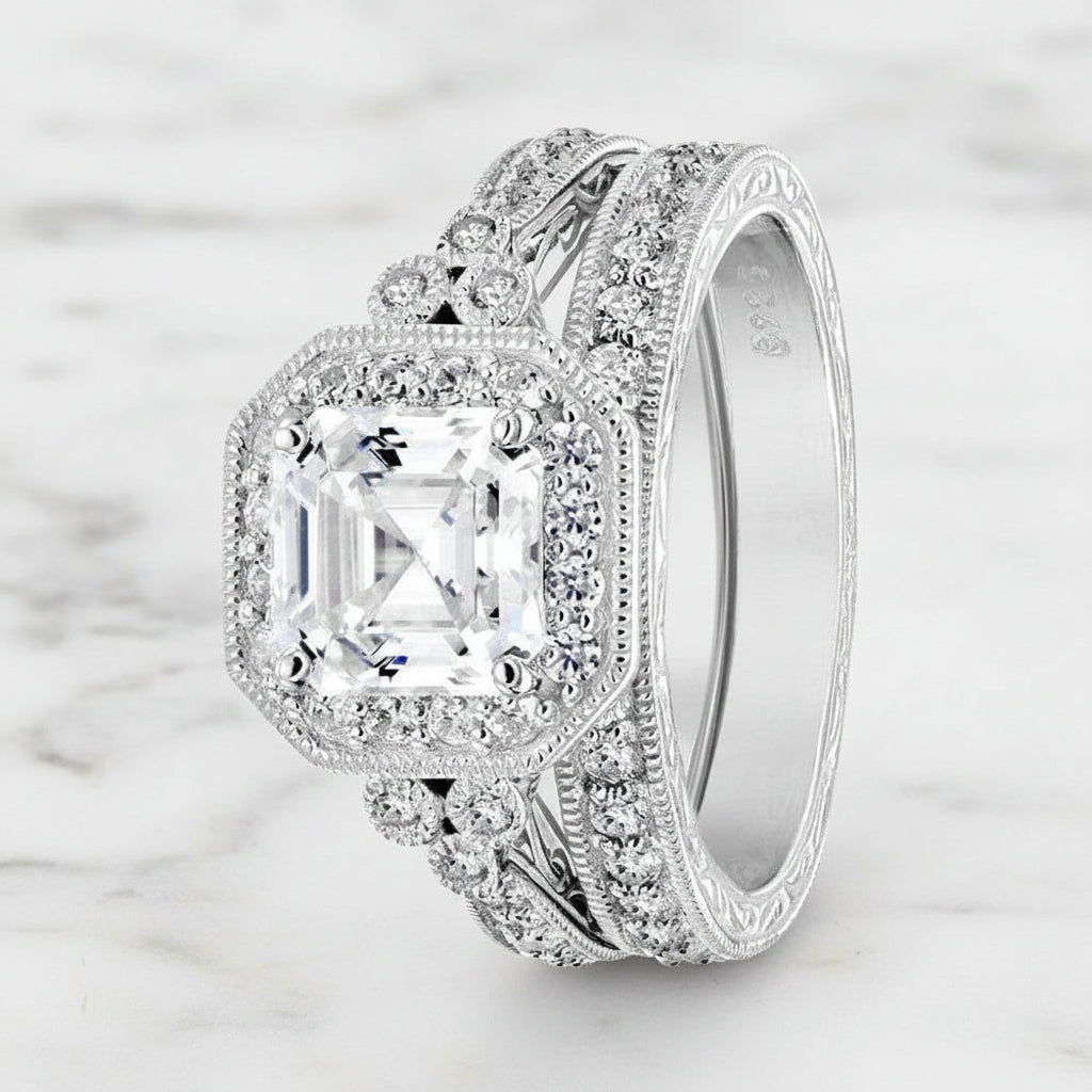 1.2ct Princess Cut Diamond Option Halo Vintage Option Ring Set-Black Diamonds New York