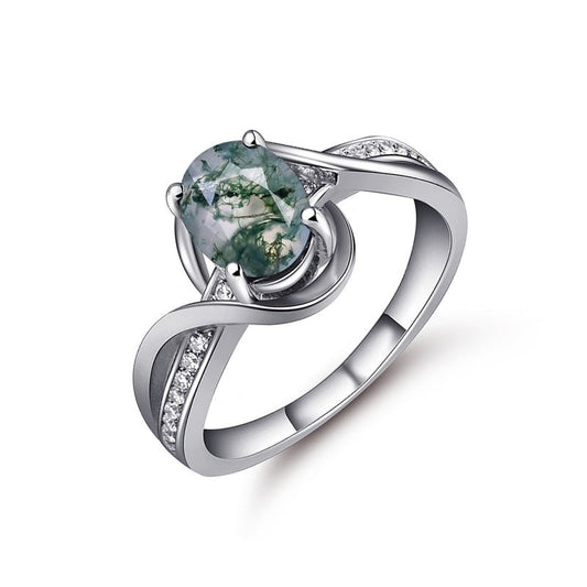 1.3Ct Oval Cut Natural Moss Agate Twist Engagement Ring - Black Diamonds New York