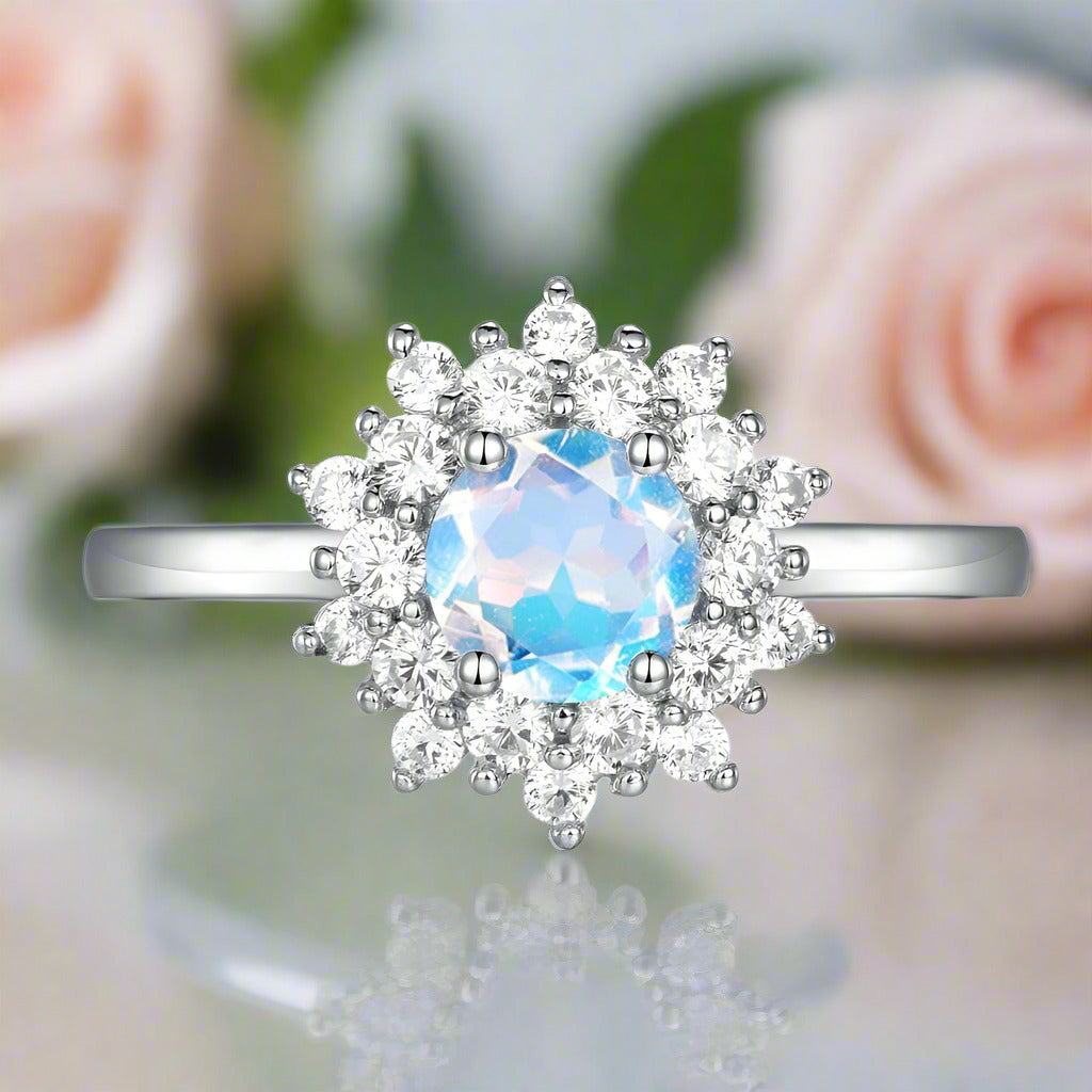 14k Gold 1.2 Ct Moonstone Round Cut Halo Engagement Ring-Black Diamonds New York