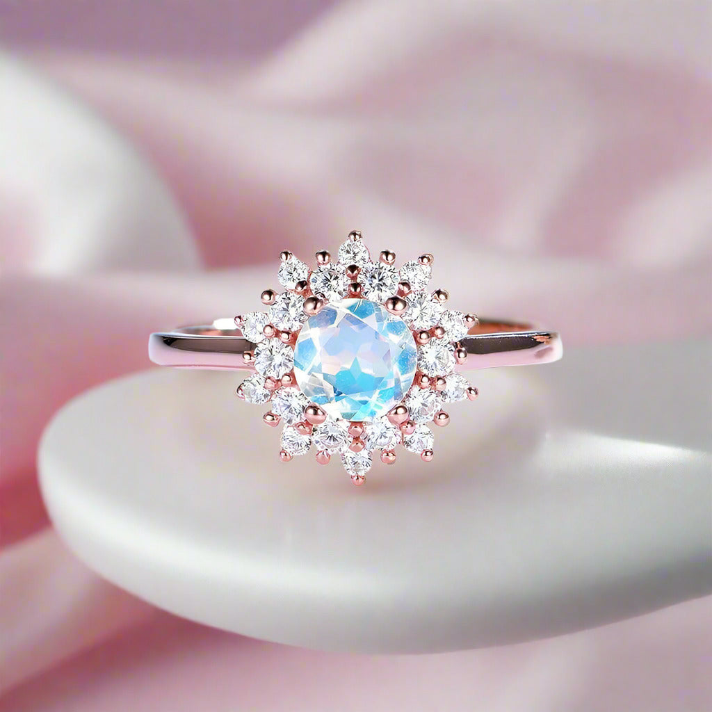 14k Gold 1.2 Ct Moonstone Round Cut Halo Engagement Ring-Black Diamonds New York