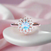 14k Gold 1.2 Ct Moonstone Round Cut Halo Engagement Ring-Black Diamonds New York