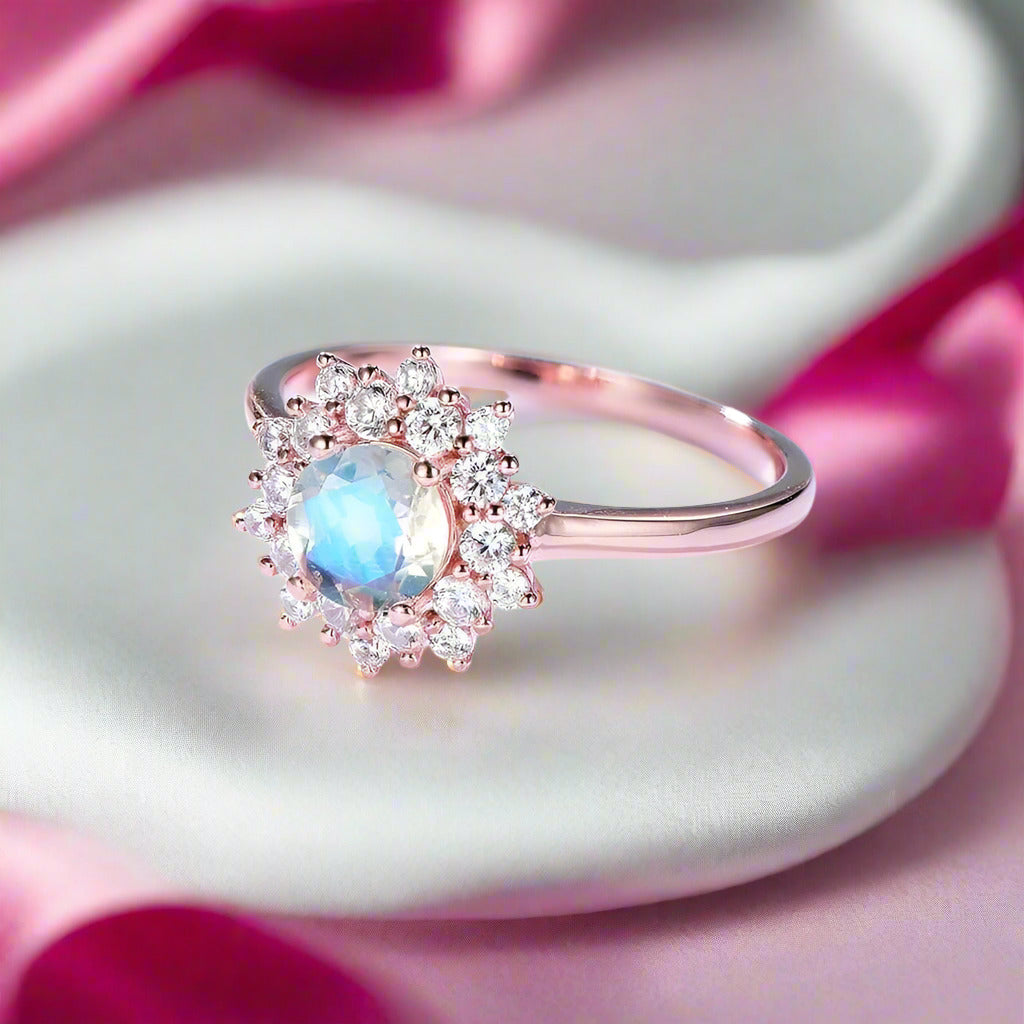 14k Gold 1.2 Ct Moonstone Round Cut Halo Engagement Ring-Black Diamonds New York