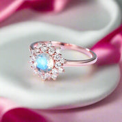 14k Gold 1.2 Ct Moonstone Round Cut Halo Engagement Ring-Black Diamonds New York