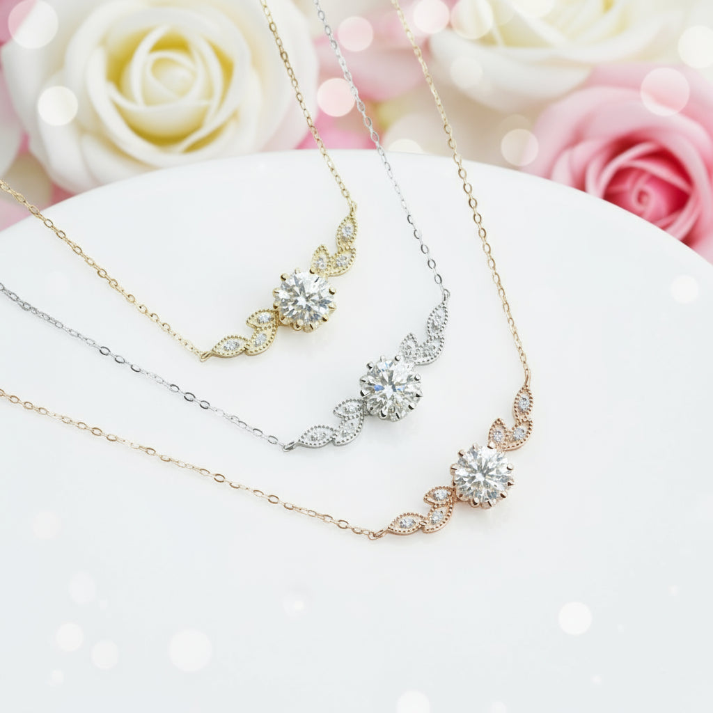 14K Gold 1ctw 6.5mm Diamond Floral Leaf Necklace-Black Diamonds New York