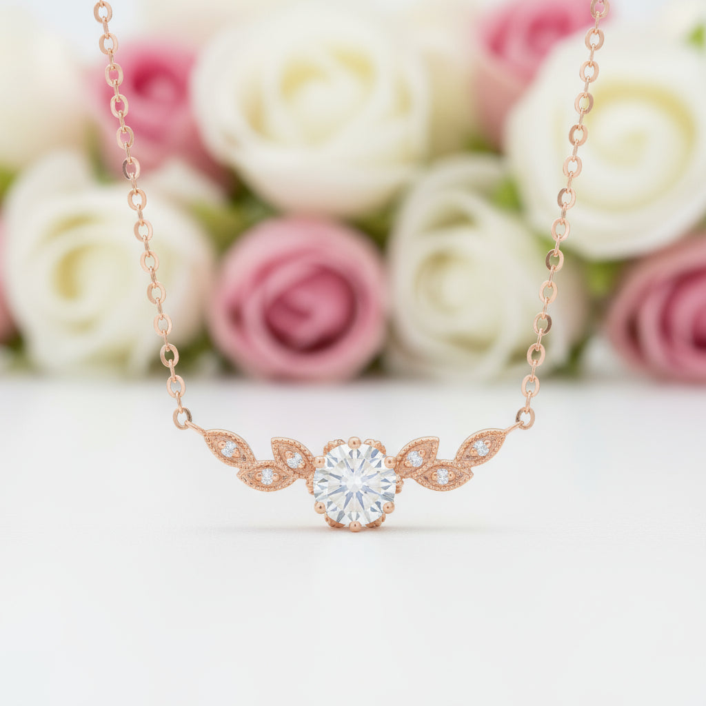 14K Gold 1ctw 6.5mm Diamond Floral Leaf Necklace-Black Diamonds New York