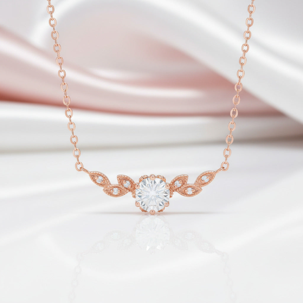 14K Gold 1ctw 6.5mm Diamond Option Floral Leaf Necklace-Black Diamonds New York