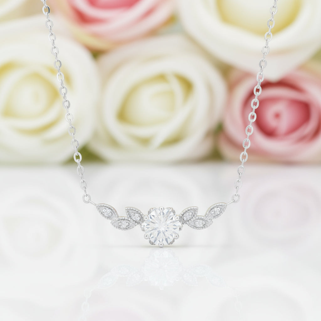 14K Gold 1ctw 6.5mm Diamond Floral Leaf Necklace-Black Diamonds New York