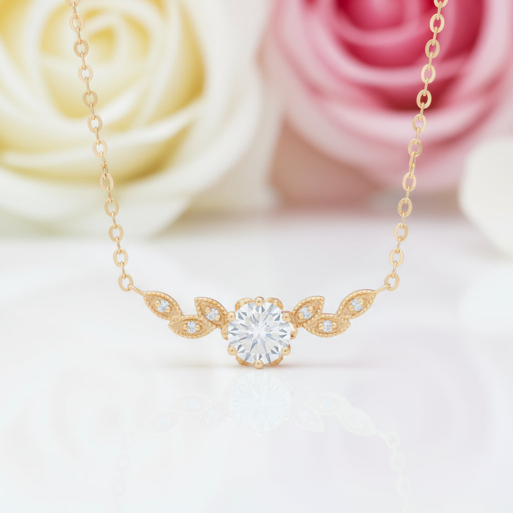 14K Gold 1ctw 6.5mm Diamond Floral Leaf Necklace-Black Diamonds New York