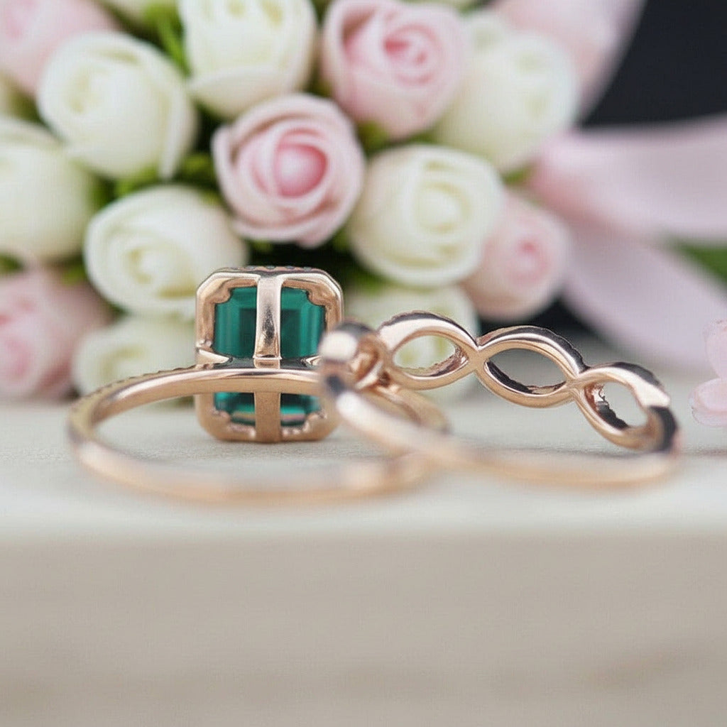 14K Gold Emerald Cut Green Diamond Option Wedding Ring Set-Black Diamonds New York