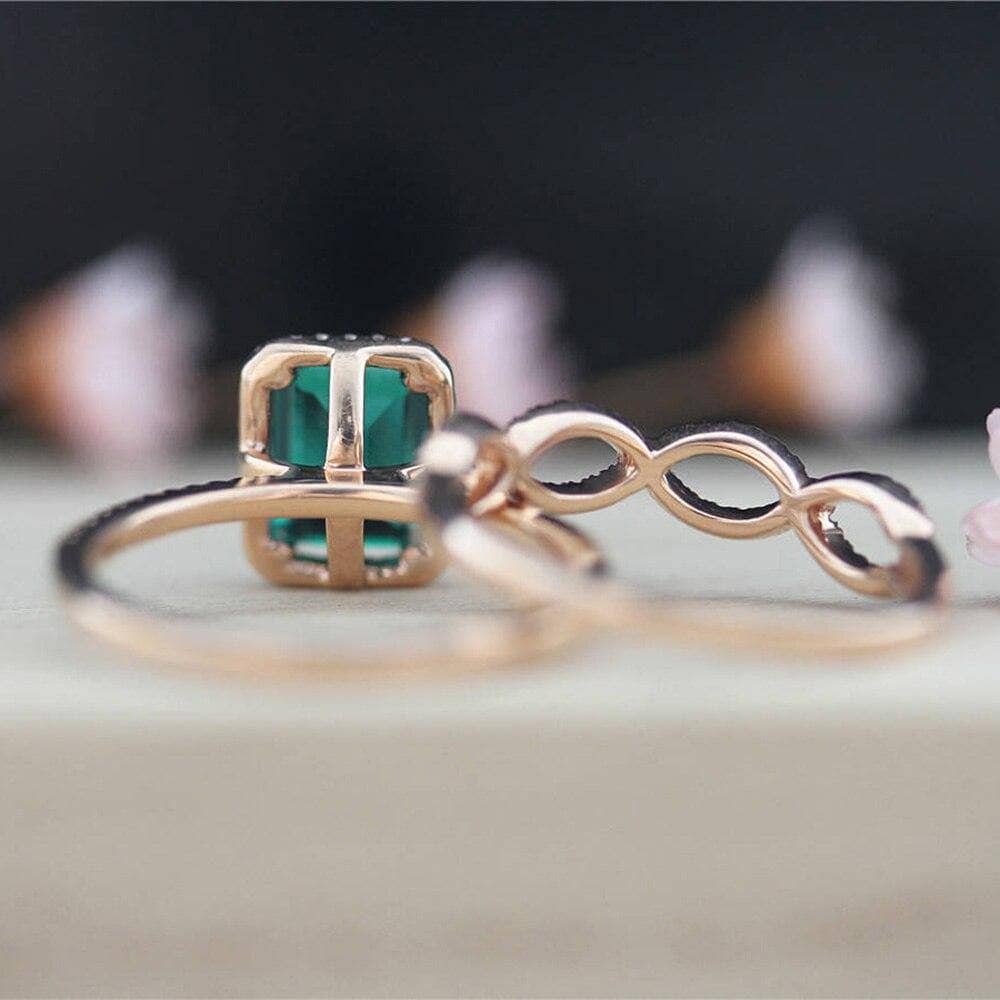 14K Gold Emerald Cut Green Moissanite Wedding Ring Set-Black Diamonds New York
