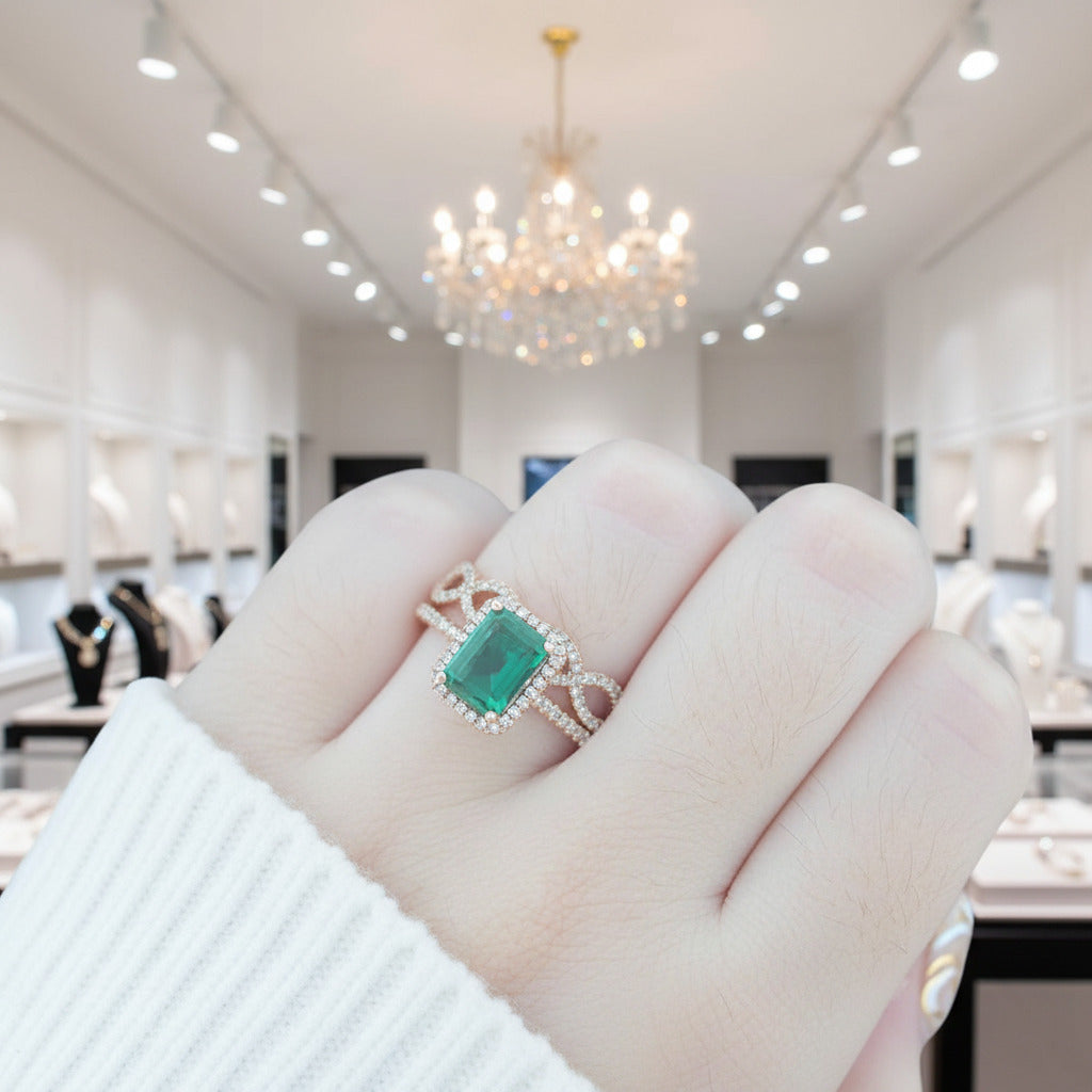 14K Gold Emerald Cut Green Diamond Option Wedding Ring Set-Black Diamonds New York