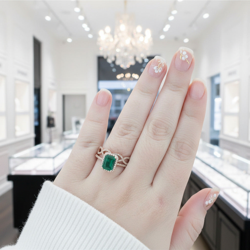 14K Gold Emerald Cut Green Diamond Option Wedding Ring Set-Black Diamonds New York