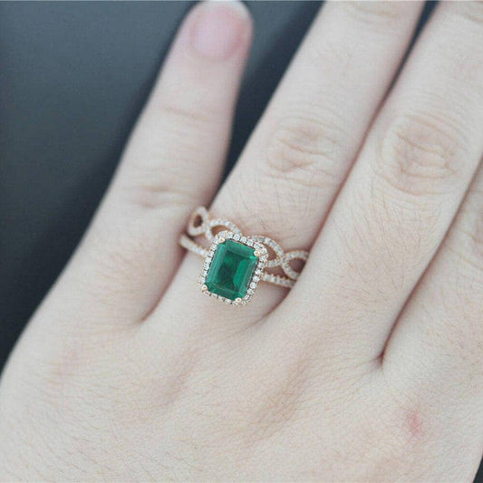 14K Gold Emerald Cut Green Diamond Wedding Ring Set-Black Diamonds New York