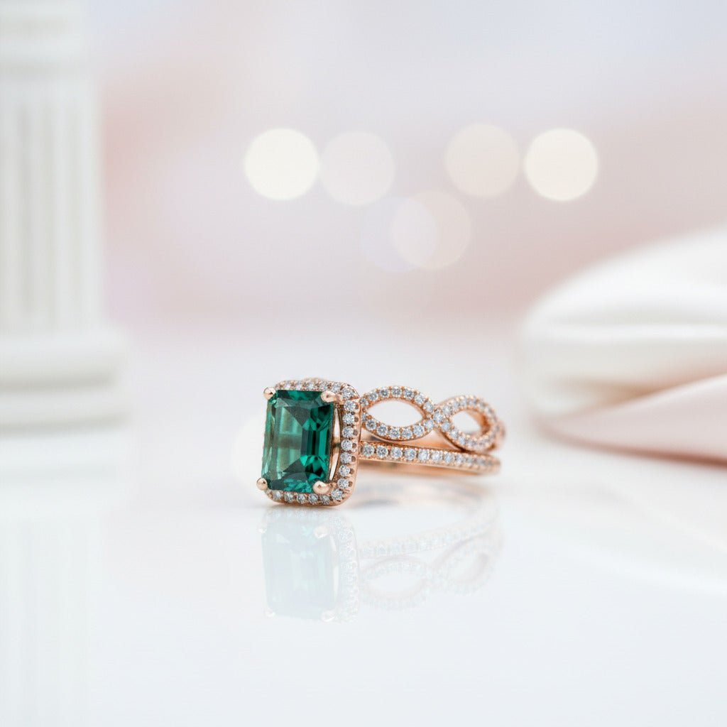 14K Gold Emerald Cut Green Diamond Option Wedding Ring Set-Black Diamonds New York
