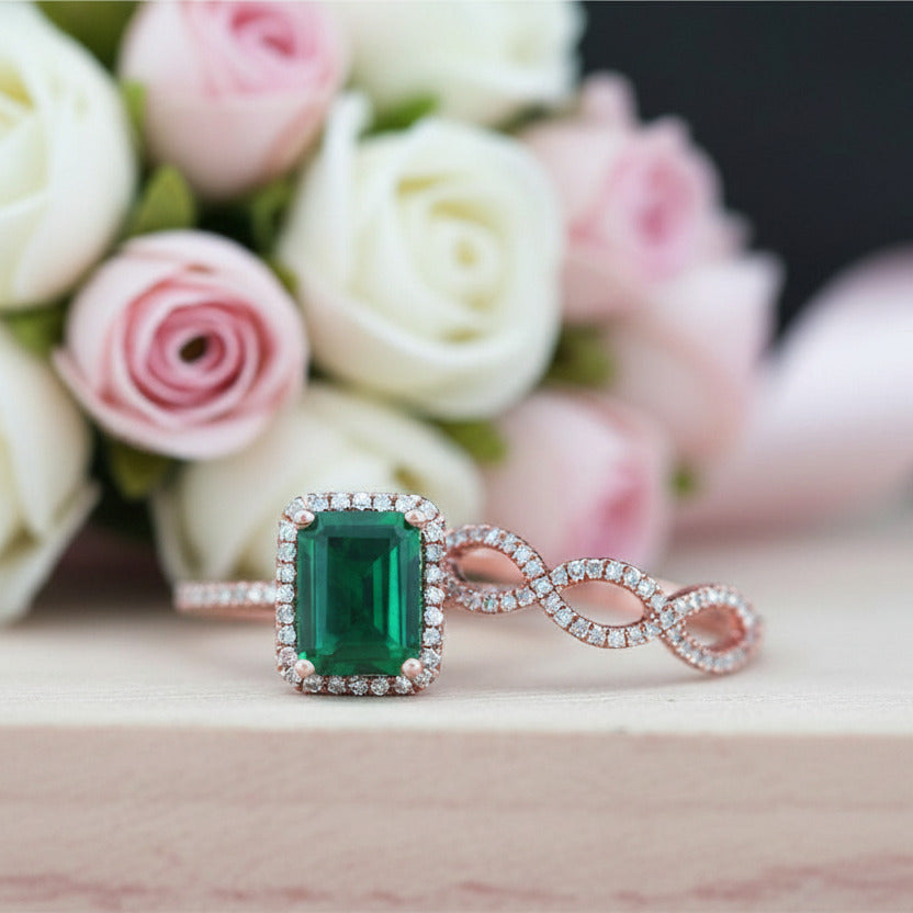 14K Gold Emerald Cut Green Diamond Option Wedding Ring Set-Black Diamonds New York