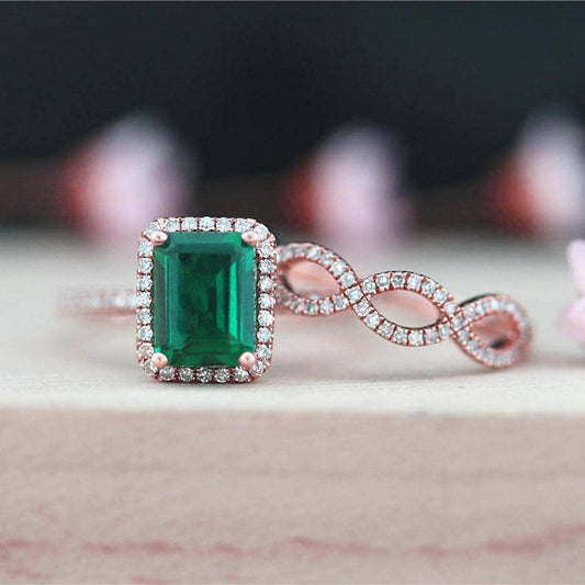 14K Gold Emerald Cut Green Diamond Wedding Ring Set-Black Diamonds New York