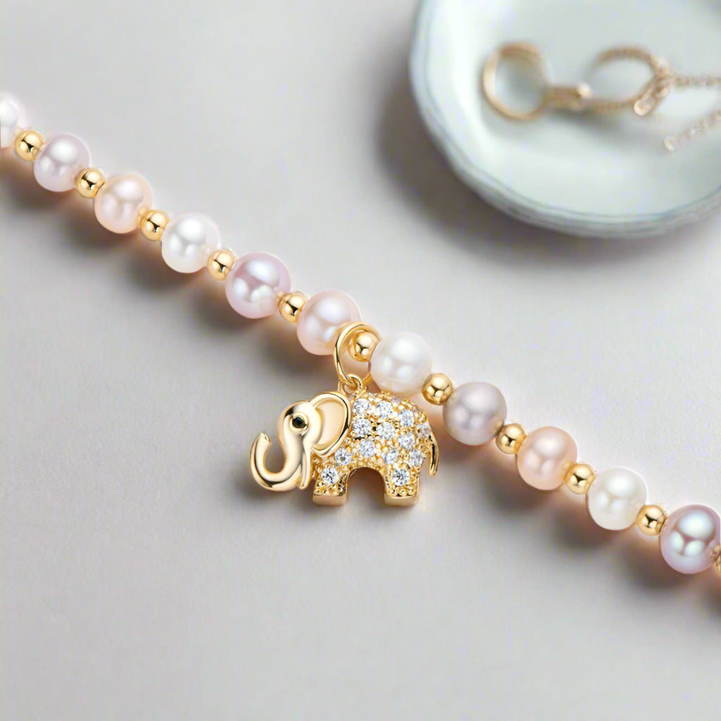 14k Gold Filled Freshwater Pearl Lovely Elephant Charm Bracelet-Black Diamonds New York