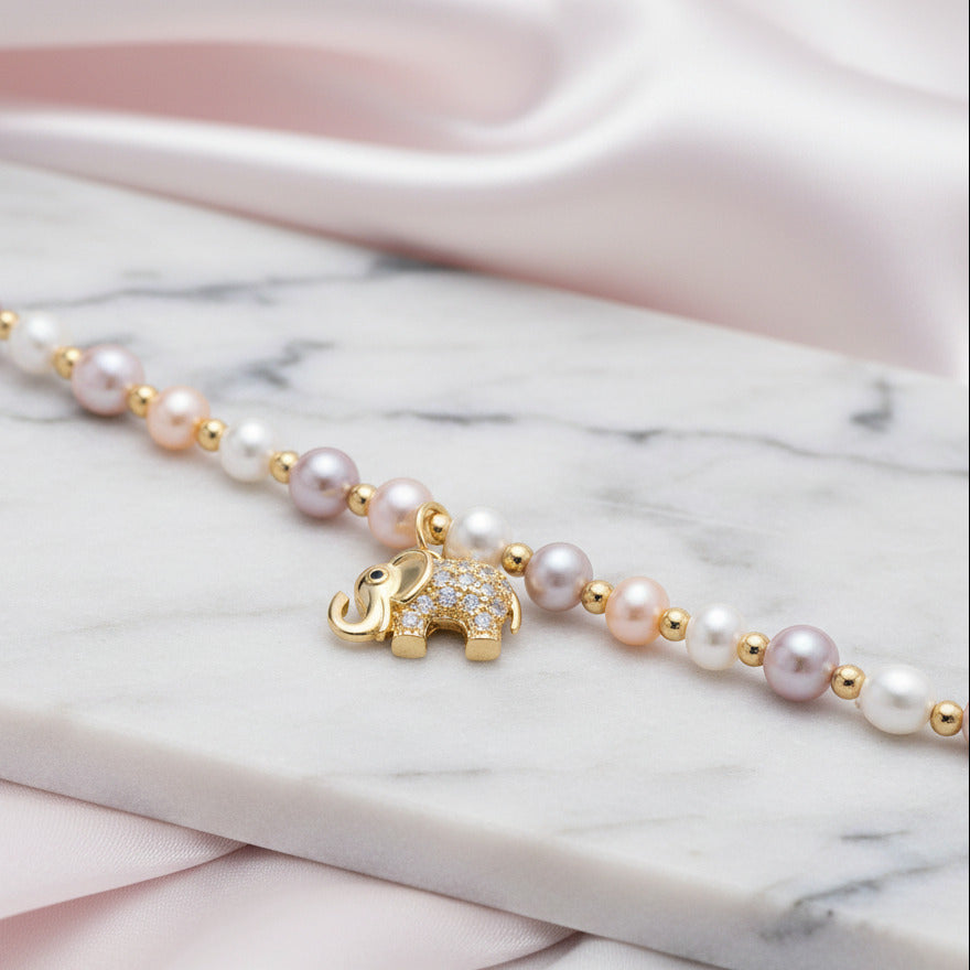 14k Gold Filled Freshwater Pearl Lovely Elephant Charm Bracelet-Black Diamonds New York