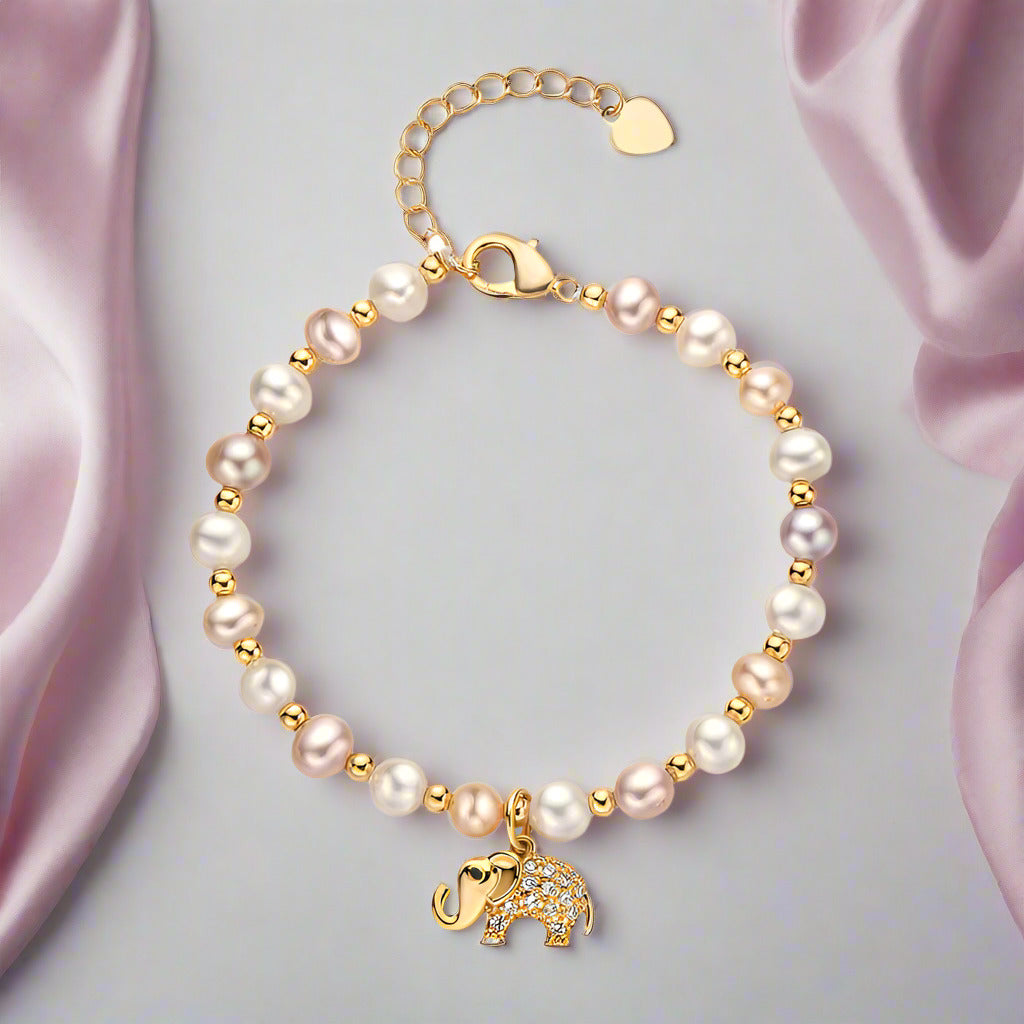 14k Gold Filled Freshwater Pearl Lovely Elephant Charm Bracelet-Black Diamonds New York