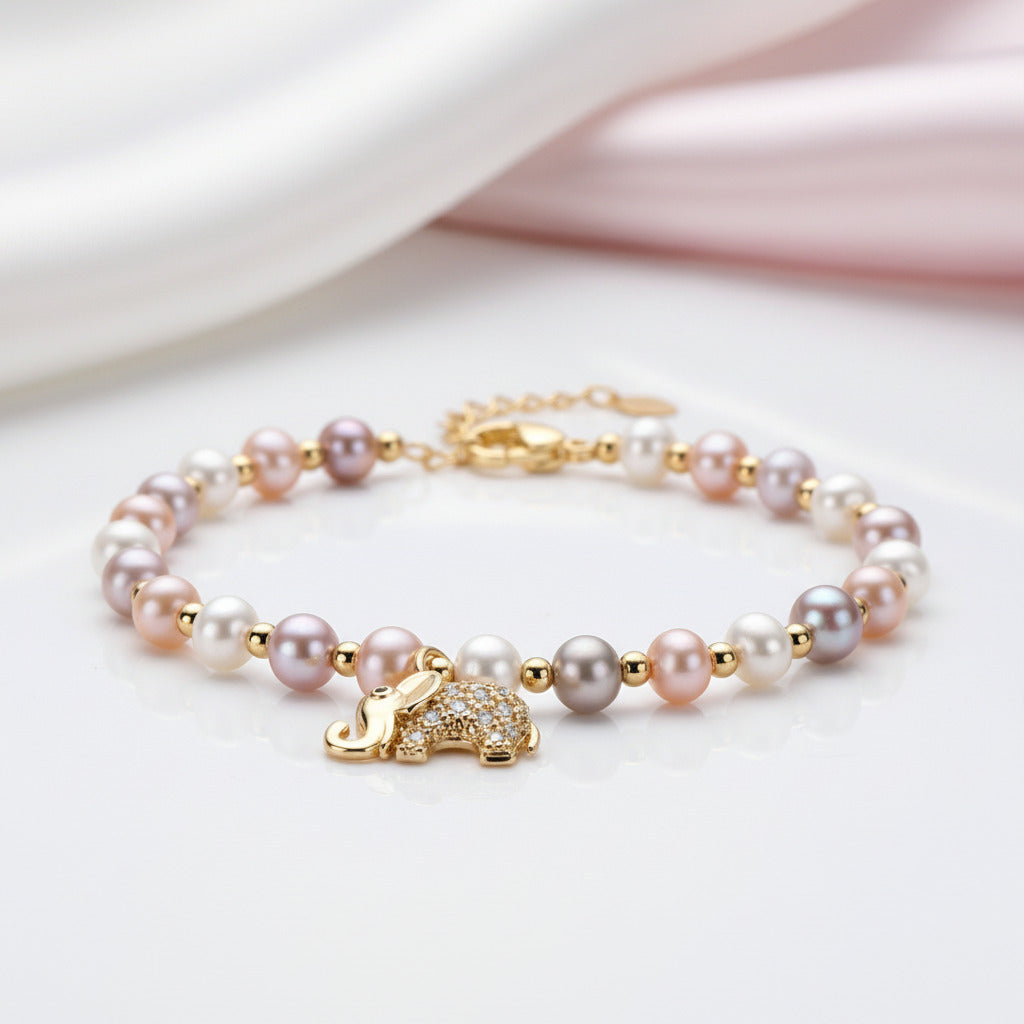 14k Gold Filled Freshwater Pearl Lovely Elephant Charm Bracelet-Black Diamonds New York