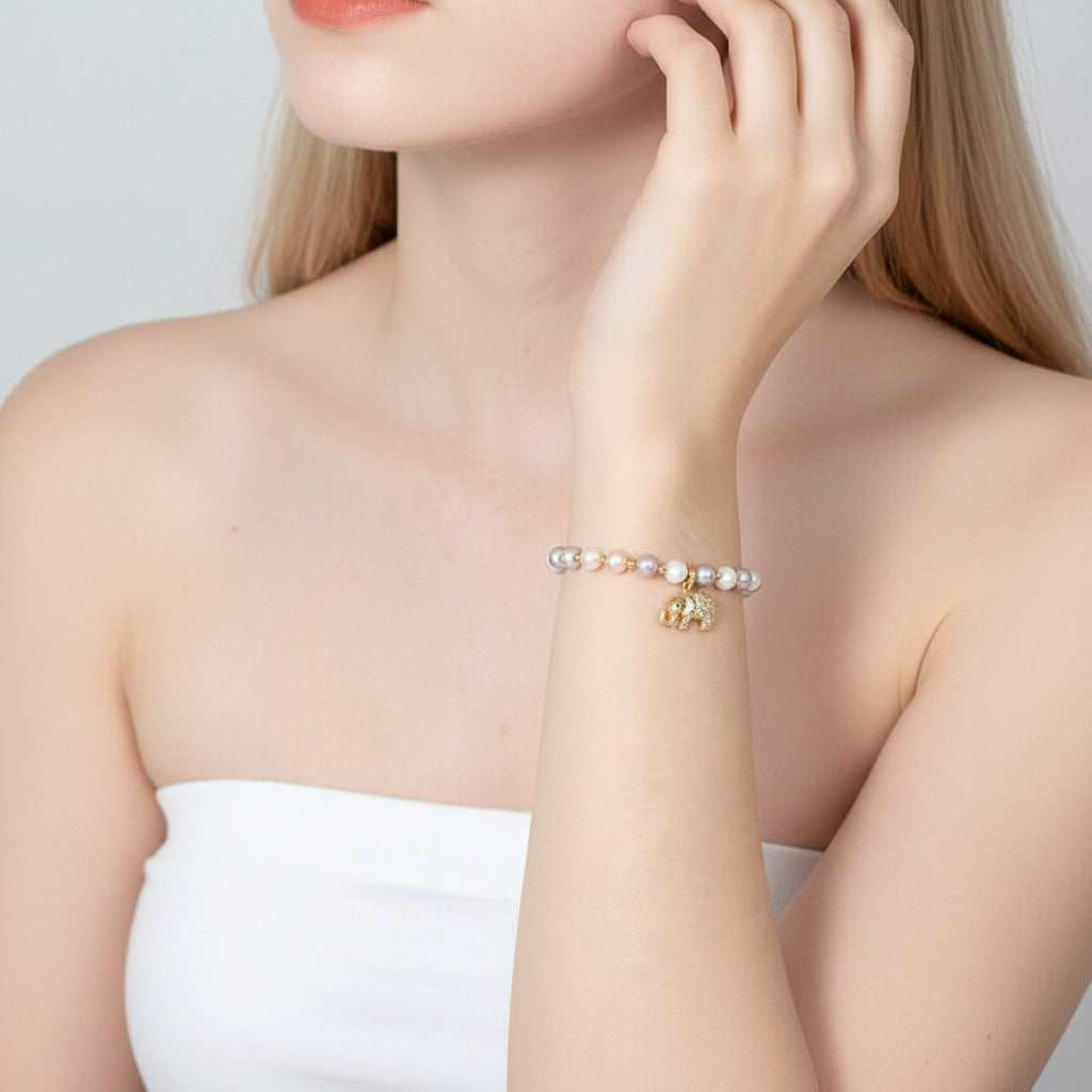 14k Gold Filled Freshwater Pearl Lovely Elephant Charm Bracelet-Black Diamonds New York