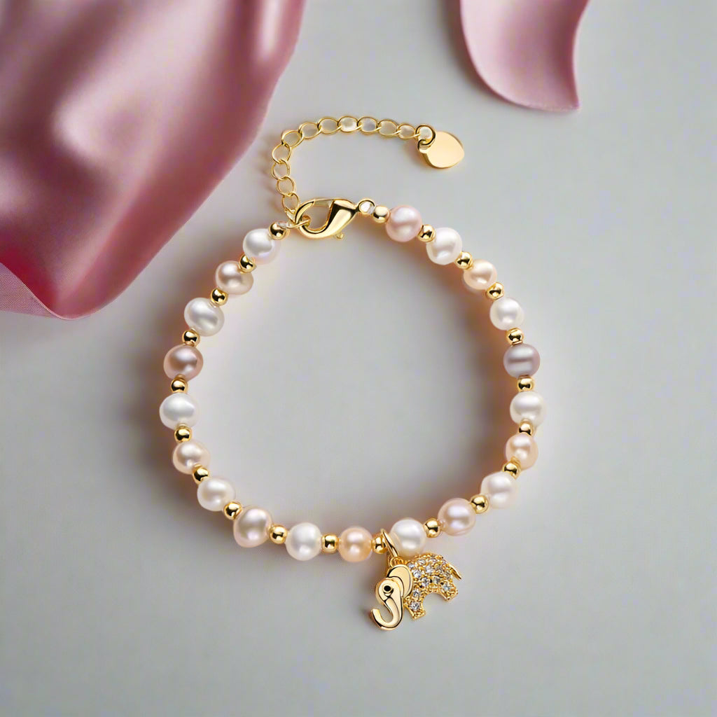 14k Gold Filled Freshwater Pearl Lovely Elephant Charm Bracelet-Black Diamonds New York