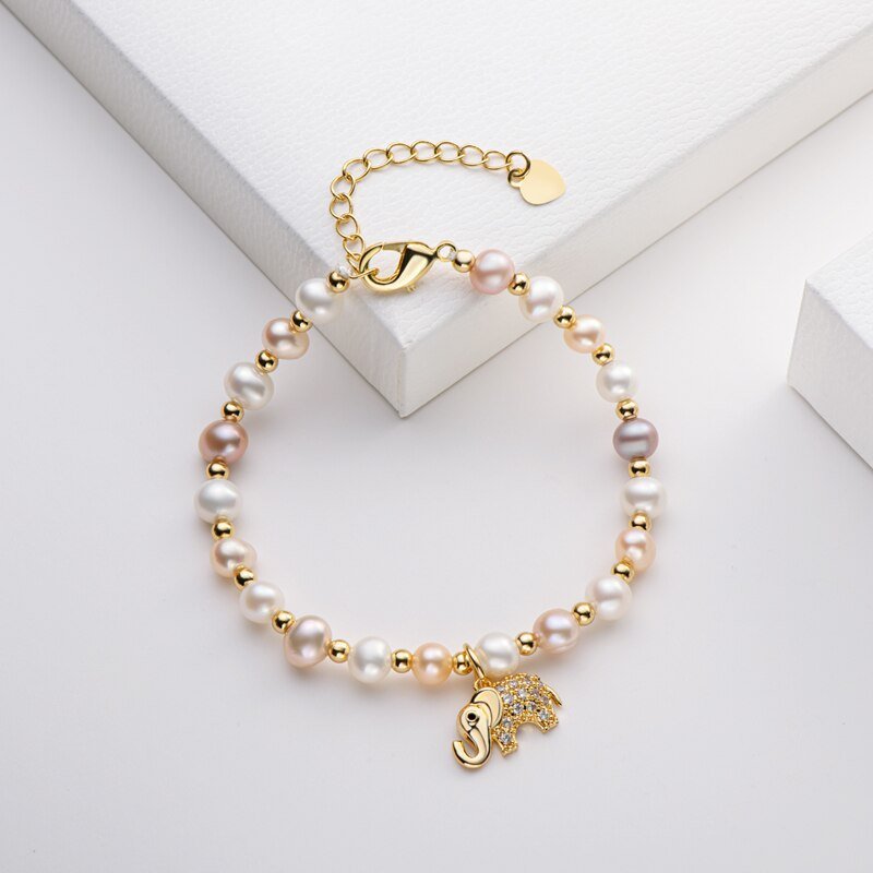 14K Gold Filled Freshwater Pearl Lovely Elephant Charm Bracelet-Black Diamonds New York