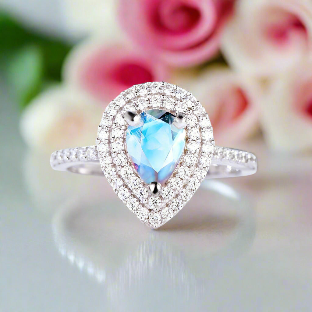 14K Gold Moonstone 1ct Pear Cut Engagement Ring-Black Diamonds New York