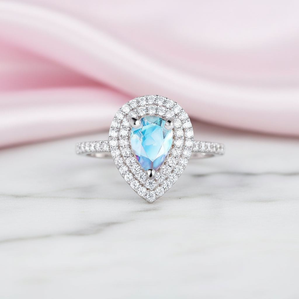 14k Gold Moonstone 1ct Pear Cut Engagement Ring-Black Diamonds New York