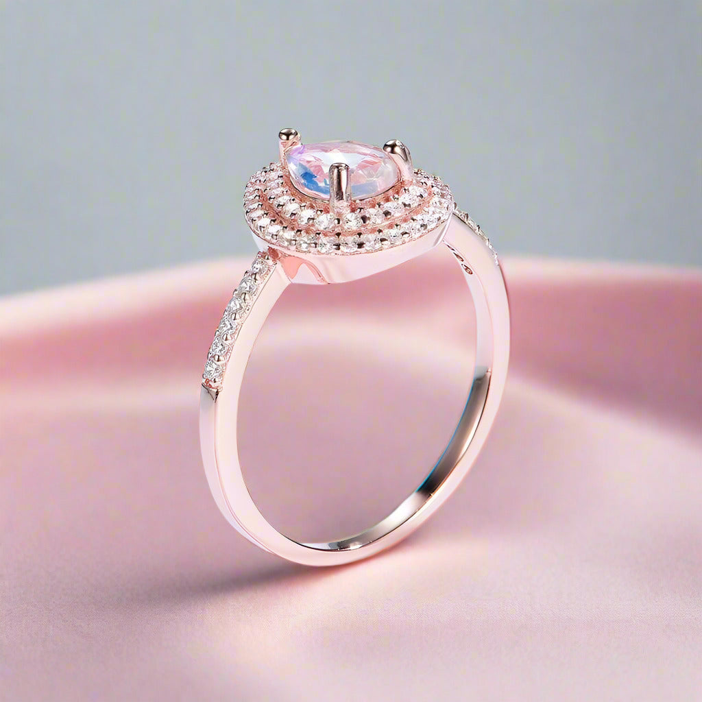 14K Gold Moonstone 1ct Pear Cut Engagement Ring-Black Diamonds New York