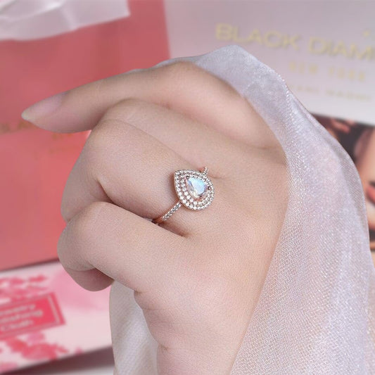 14K Gold Natural Moonstone 1ct Pear Cut Engagement Ring-Black Diamonds New York