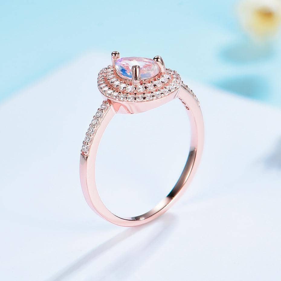 14K Gold Natural Moonstone 1ct Pear Cut Engagement Ring-Black Diamonds New York