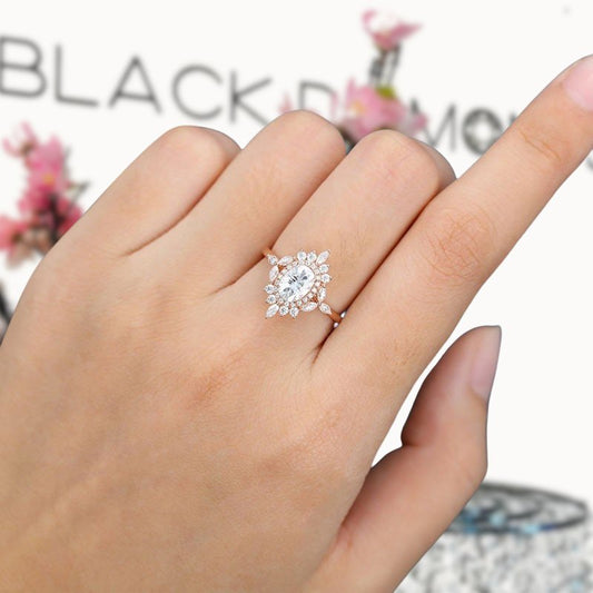 14K Gold Oval Cut 1.0ct Moissanite Antique Flower Engagement Ring - Black Diamonds New York