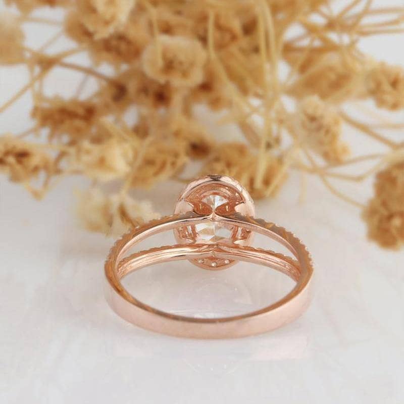 14k Rose 1ct Oval Cut Moissanite Halo Engagement Ring - Black Diamonds New York